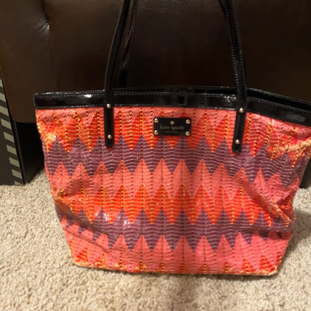 kate spade Coral and Purple Chevron Tote with Black Trim